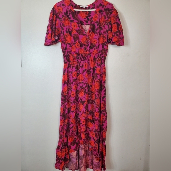 Abel The Label Dresses & Skirts - Abel The Label Purple Red Floral Midi Dress Size Medium High-Low Flutter Sleeves